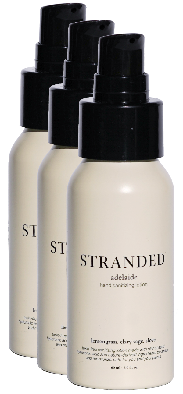 photo of 3 hand sanitizing lotion bottles together, representing that this photo is for the subscription to 3 lotion bottles.